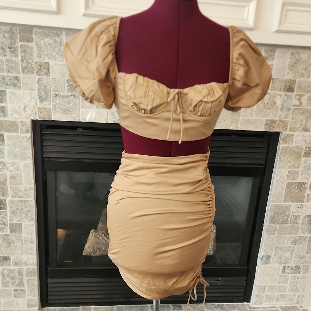 White Fox Boutique Tan Mini Ruched Dress